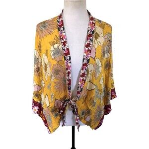 By Anthropologie Open Kimono Tie Front Coverup Boho Yellow Mix Pattern Floral OS